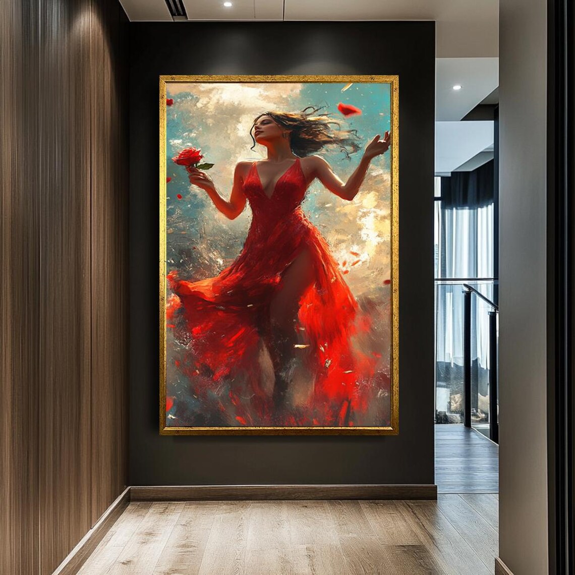 Dancing Woman Red Dress Rose Petals Passionate Romantic Art Poster - Image 3