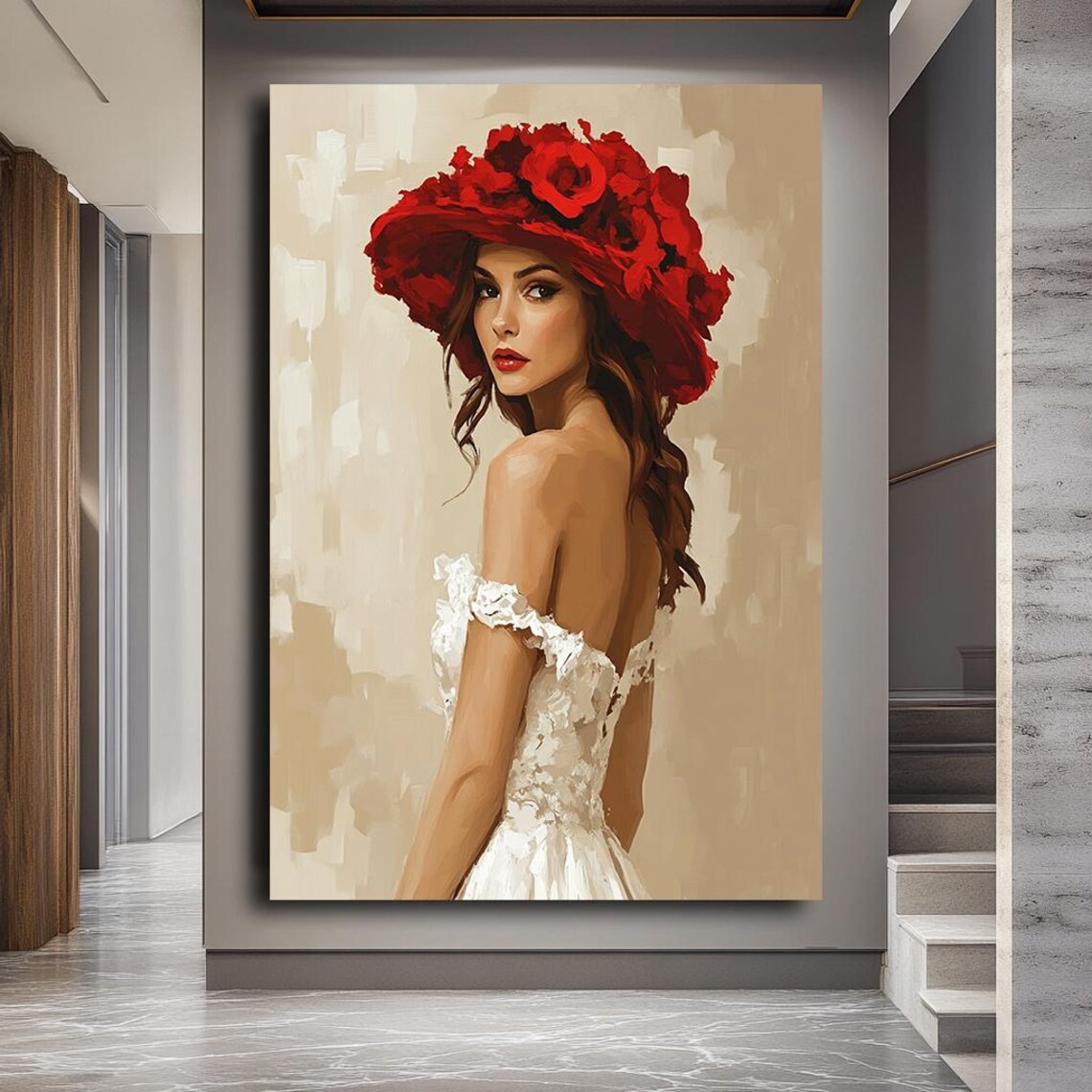 Elegant Woman Red Floral Hat White Dress Romantic Portrait Wall Art - Image 3