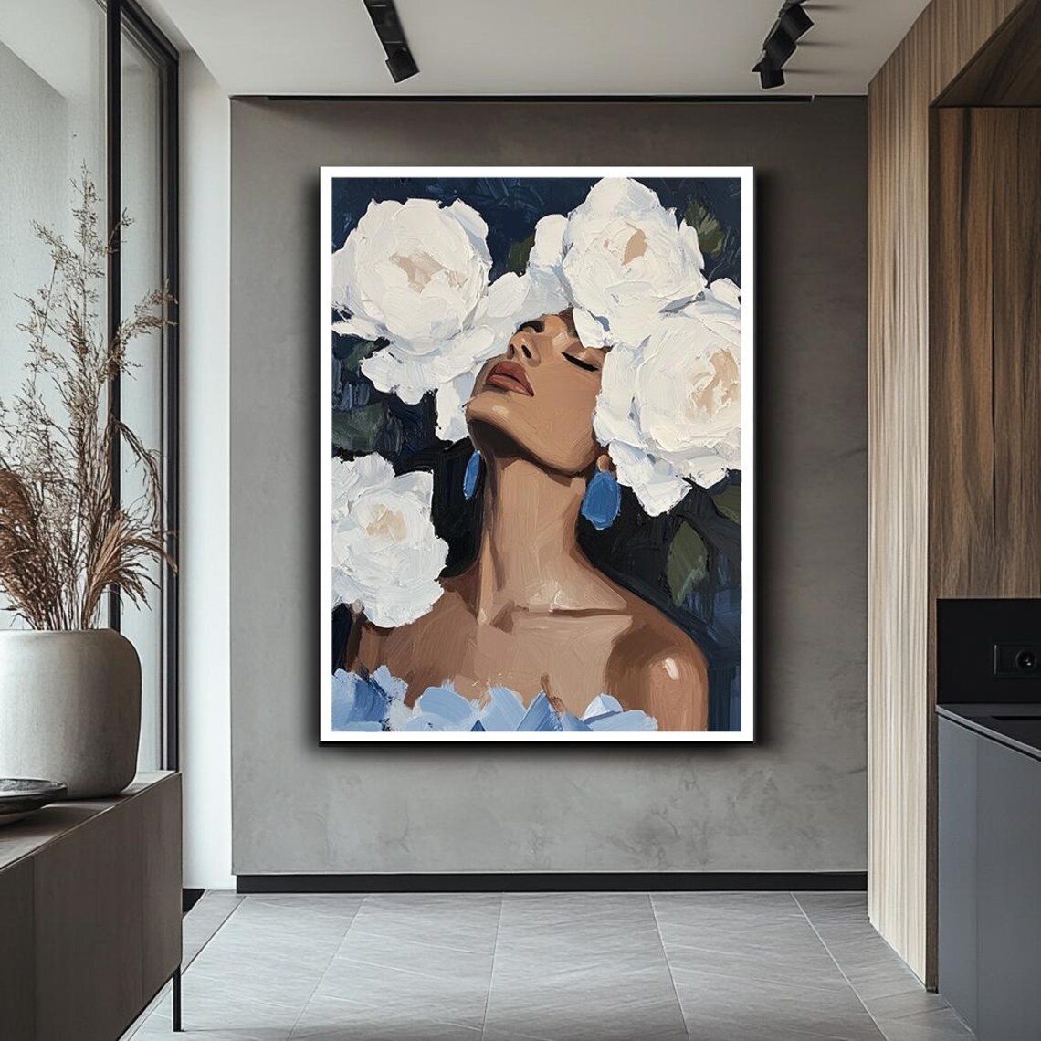 Elegant Woman Portrait With White Flowers Modern Feminine Art Poster - Image 2