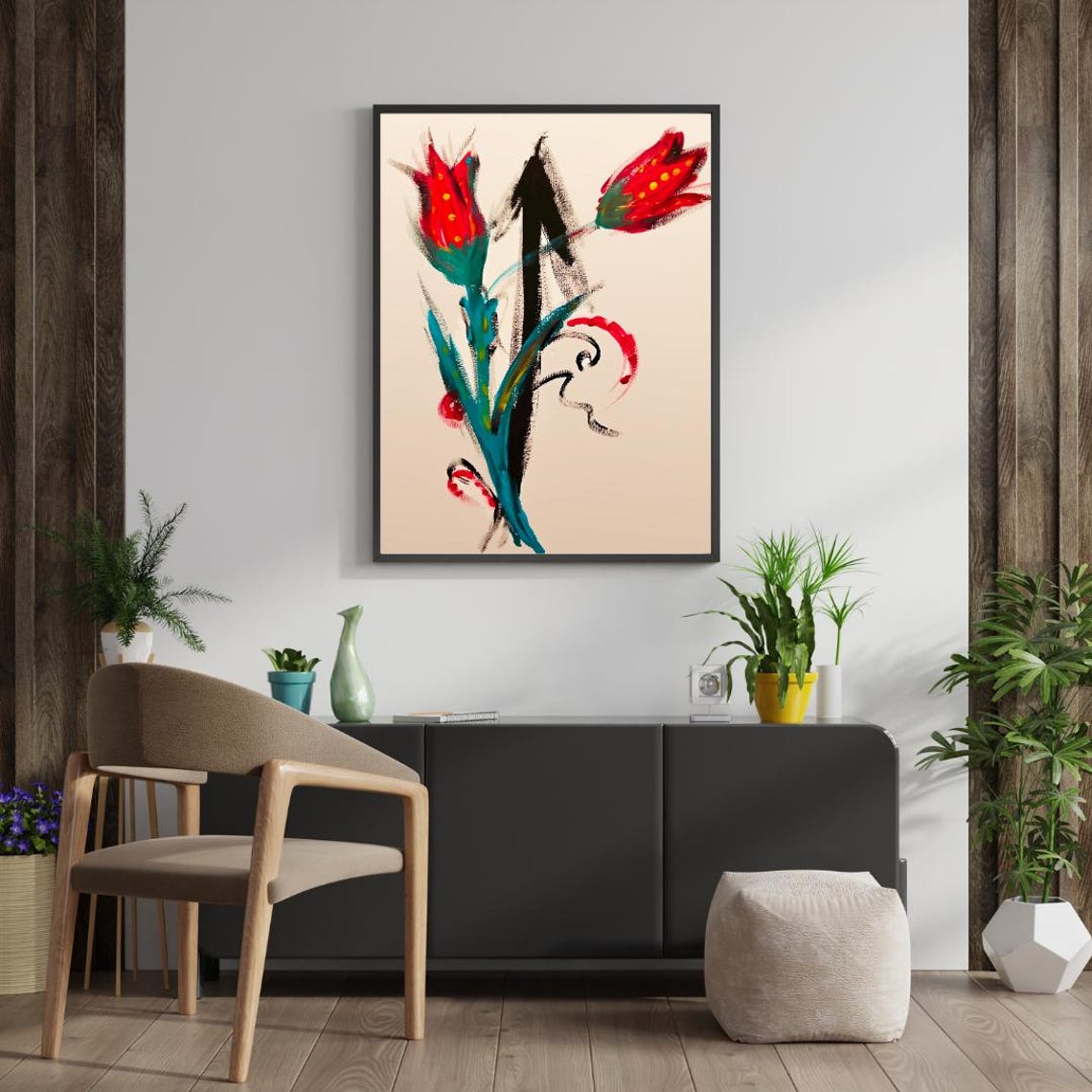 Red Tulips Hand Painted Floral Art Poster with Bold Ink Strokes