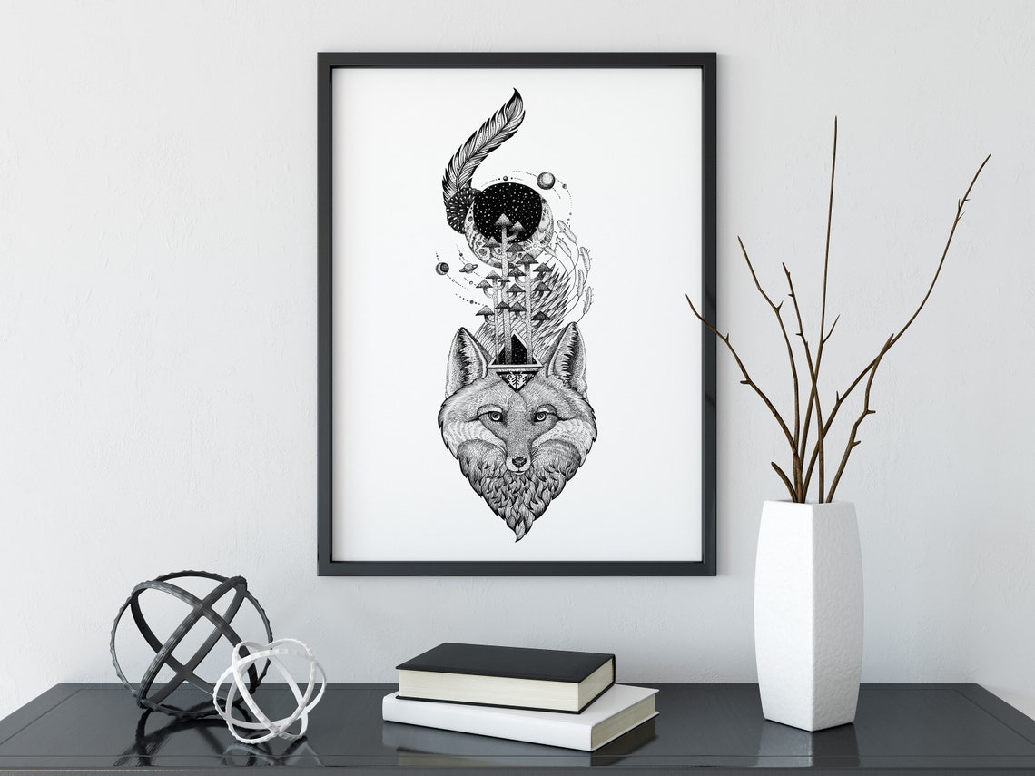 Print File Instant Jpg Space Fox Art Poster Print Black And White Illustration Animal Forest Tree Print - Image 4