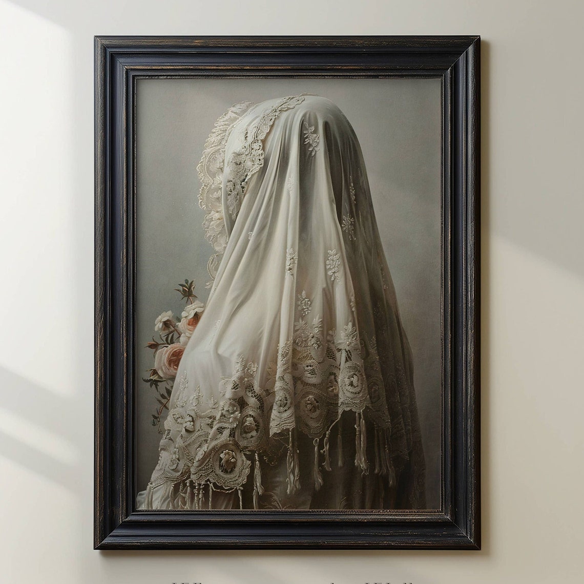 White Veiled Ghost With Lace Roses Spooky Vintage Art Poster