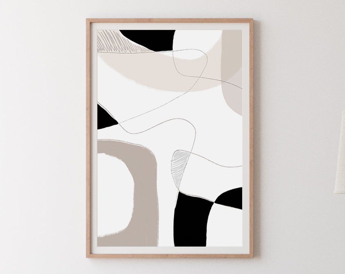 Boho Black Beige Abstract Line Art Modern Curved Shapes Wall Print