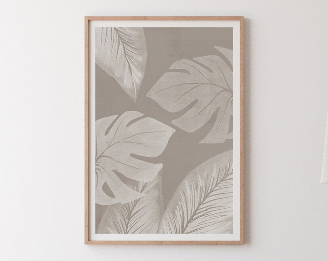 Gray Tropical Leaves Watercolor Monstera Botanical Modern Art Poster - Image 3