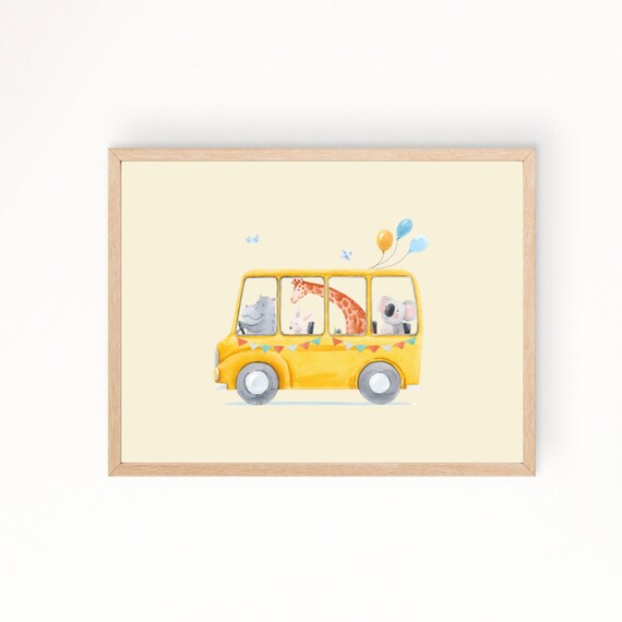 Yellow Bus With Animals Watercolor Kids Animal Nursery Poster