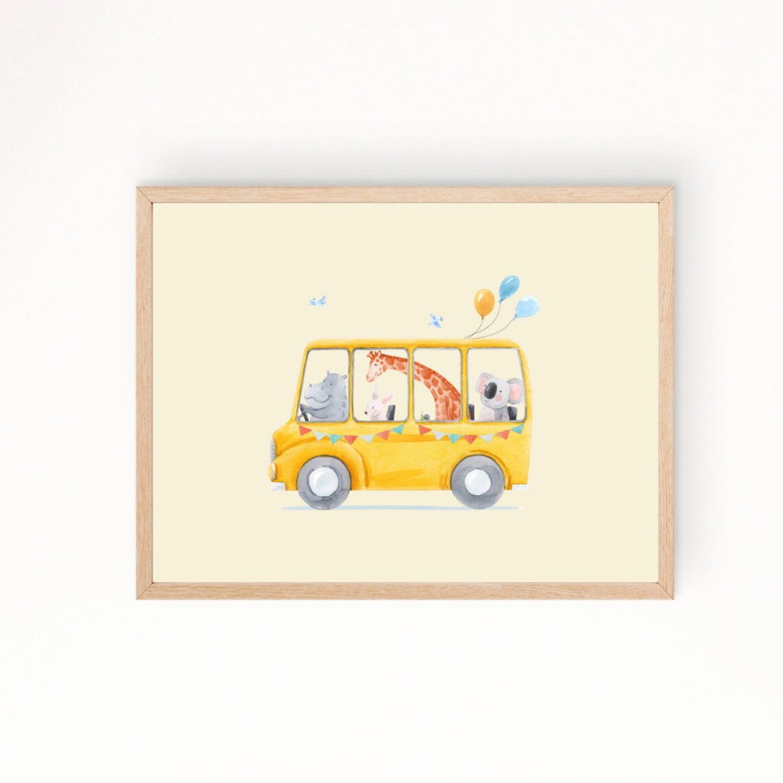 Yellow Bus With Animals Watercolor Kids Animal Nursery Poster