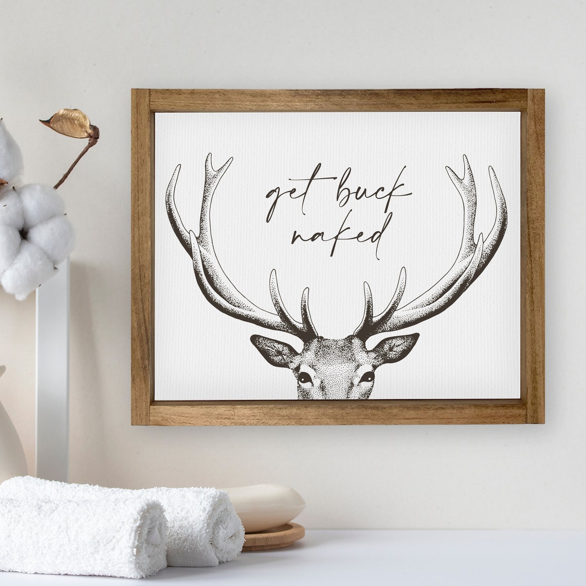 Get Buck Naked Funny Deer Antler Bathroom Quote Sign Wall Poster