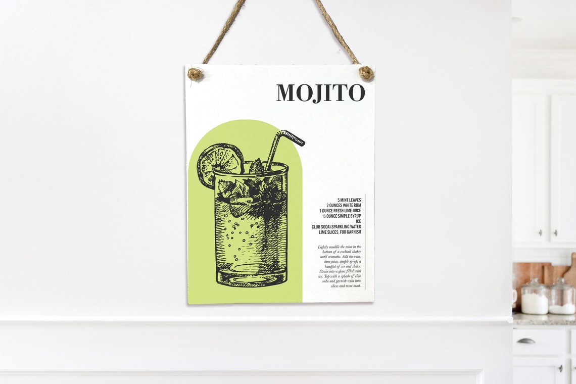 Mojito Cocktail Recipe Illustration with Arch Green Bar Cart Poster - Image 2