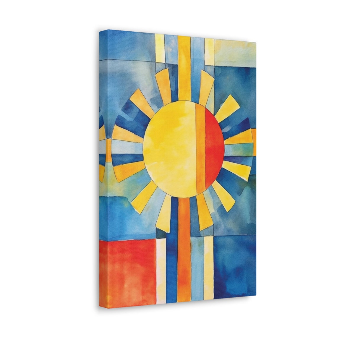 Geometric Yellow Sun Rising On Blue Red Art Deco Style Poster - Image 2