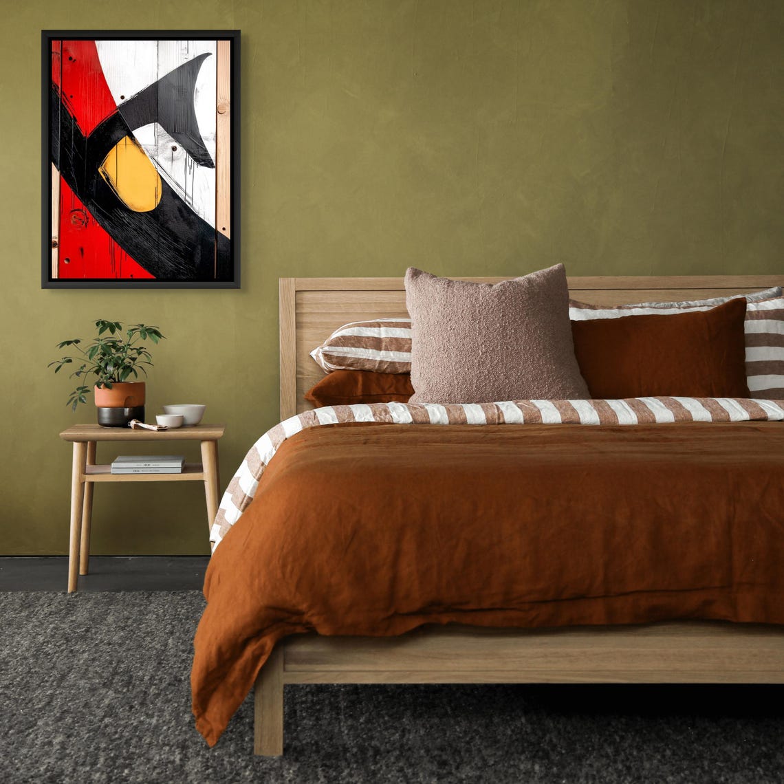 Bold Abstract Red Black White Art Mustard Yellow Oval Wood Poster - Image 3
