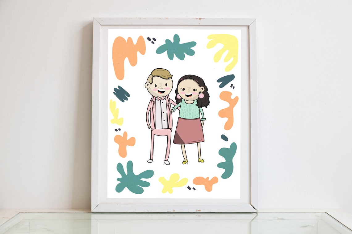Custom Cartoon Couple Portrait With Playful Abstract Blob Art Poster