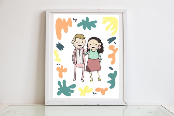 Custom Cartoon Couple Portrait With Playful Abstract Blob Art Poster