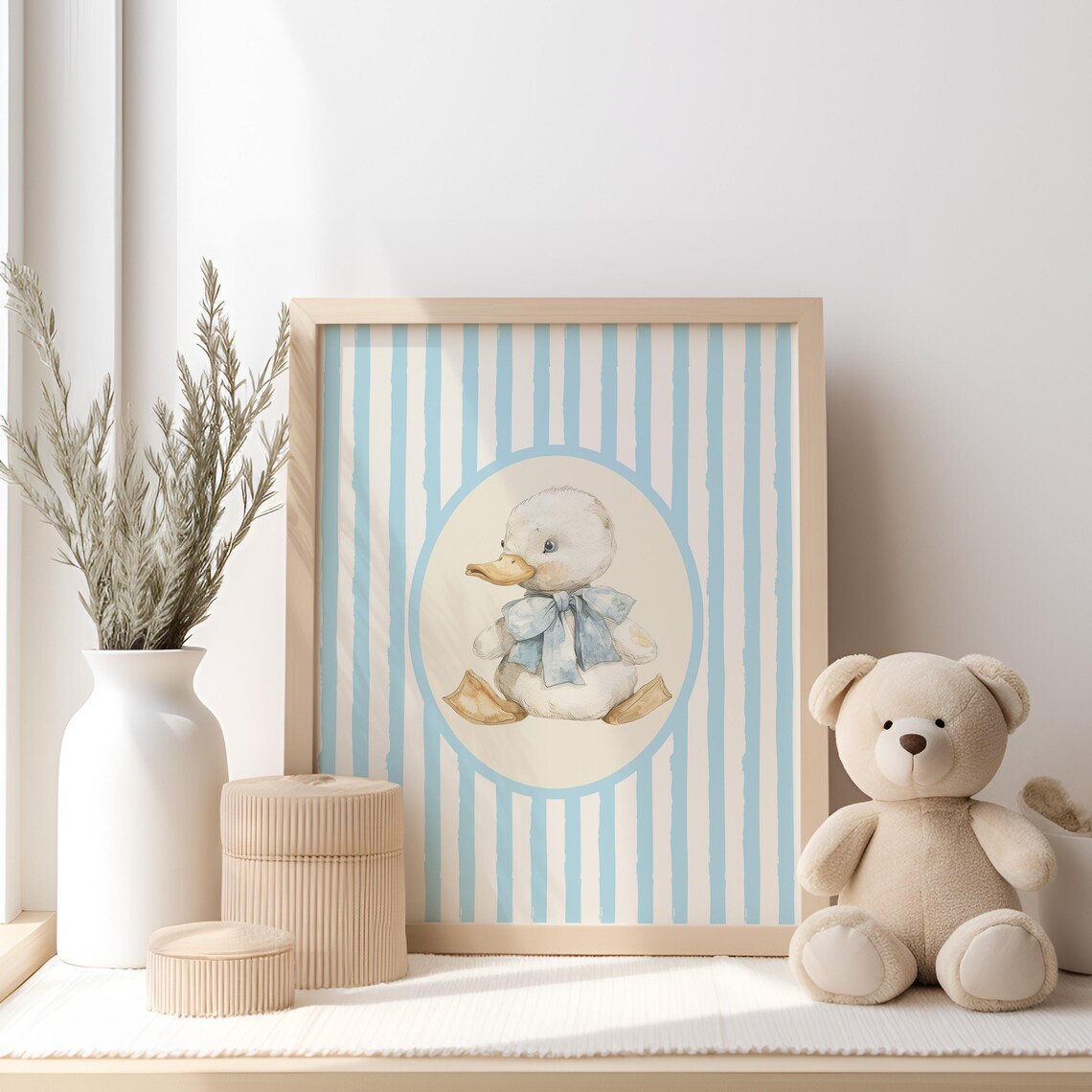 Baby Duck Watercolor Blue Stripes Nursery Animal Decor Poster