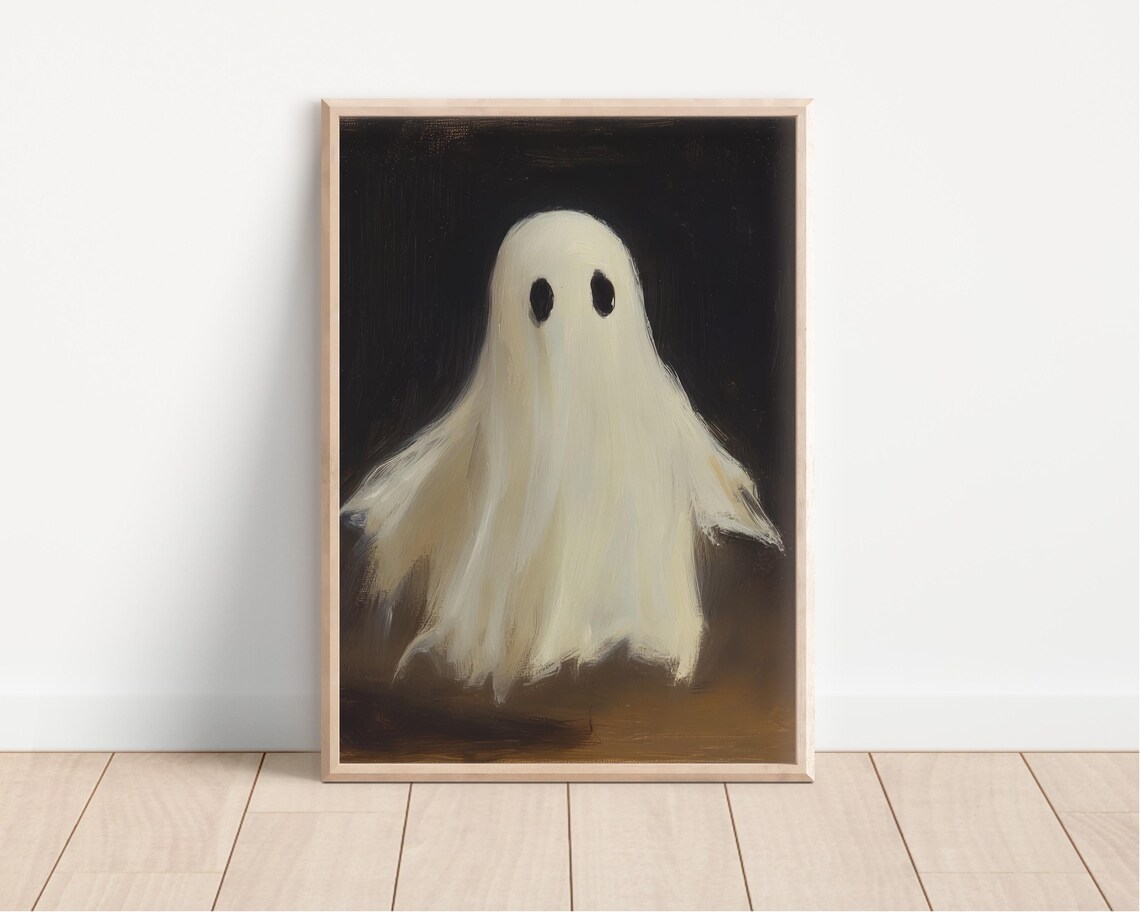 Cute White Ghost Vintage Oil Painting On Dark Background Poster - Image 3