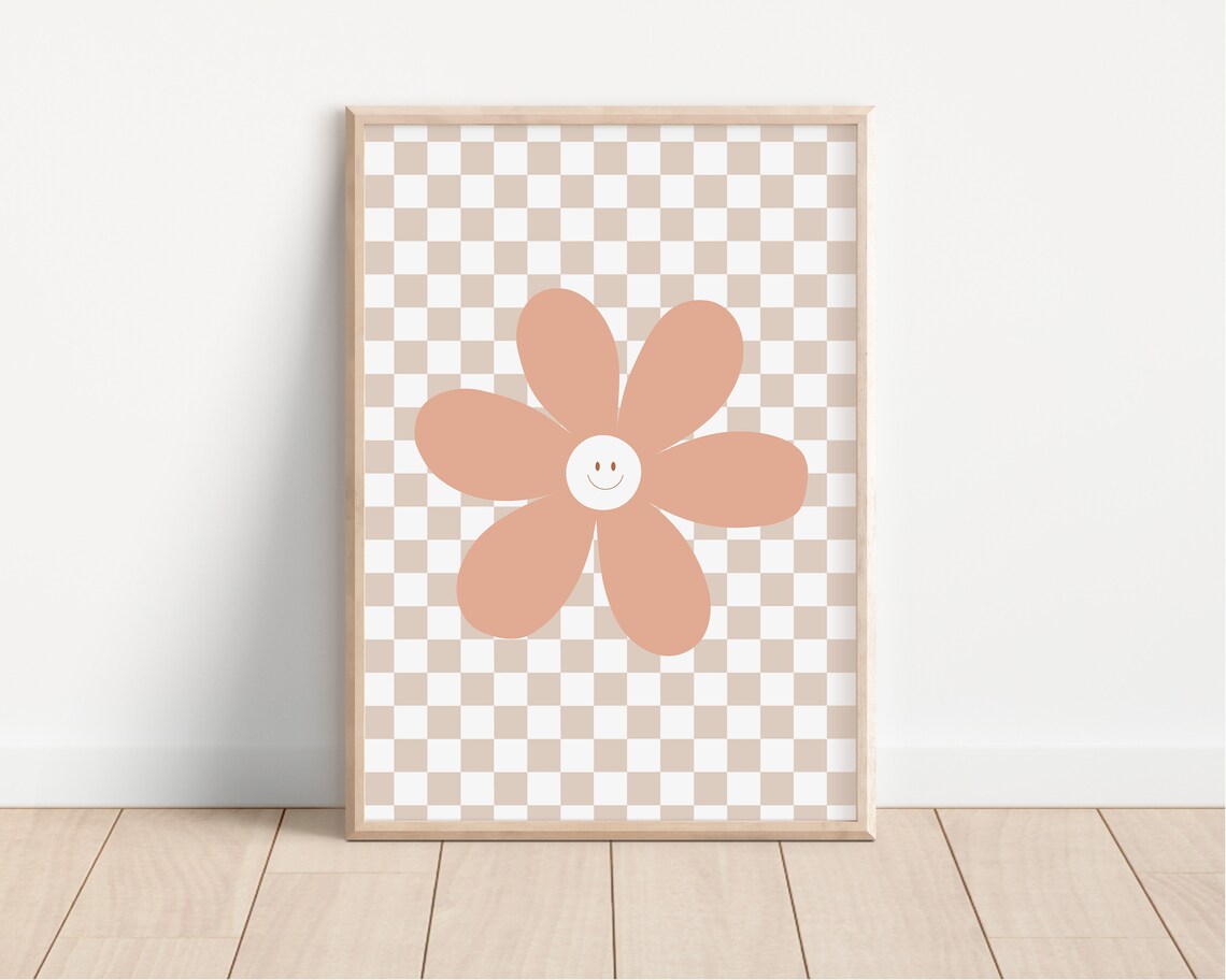 Happy Daisy Peach Terracotta Checkerboard Kids Room Art Poster - Image 4