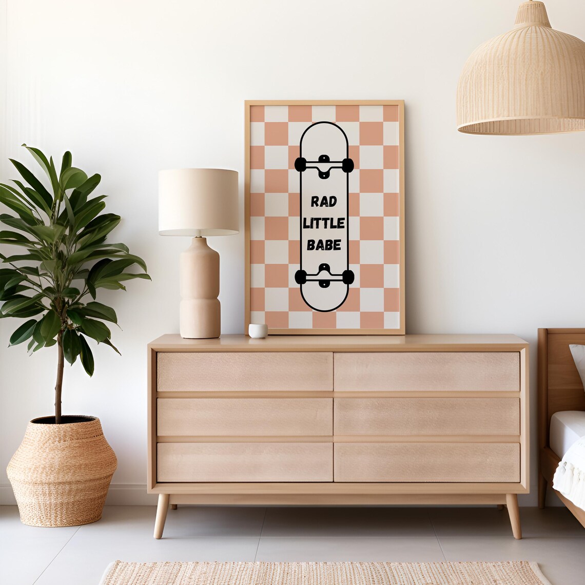 Rad Little Babe Skateboard Peach Checkered Nursery Room Poster - Image 2