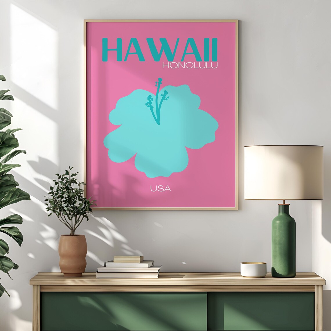 Bold Hawaii Honolulu Pink Teal Hibiscus Flower Travel Poster