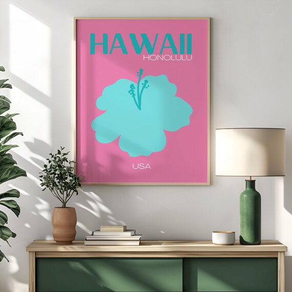 Bold Hawaii Honolulu Pink Teal Hibiscus Flower Travel Poster