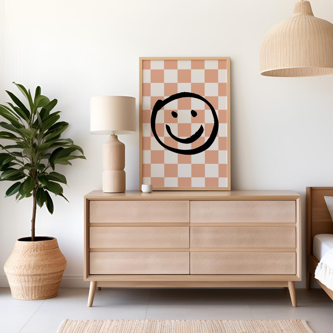 Smiley Face Girls Wall Art Checkered Retro Girls Wall Art Tween Bedroom Art Girl Bedroom Art Nursery Art Playroom Art Boho Pink - Image 2