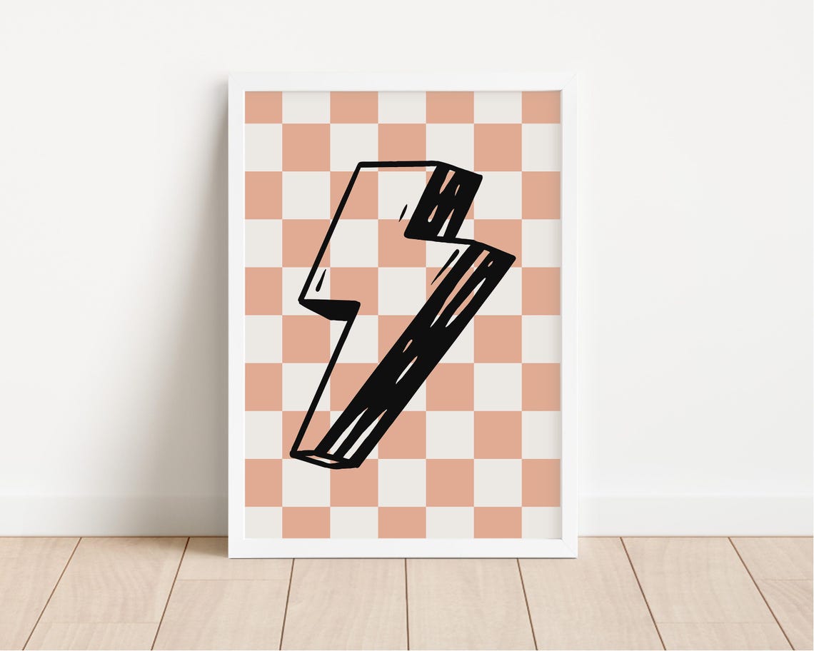 Lightning Bolt Girls Wall Art Checkered Retro Girls Wall Art Tween Bedroom Art Girl Bedroom Art Nursery Art Playroom Art Boho Pink