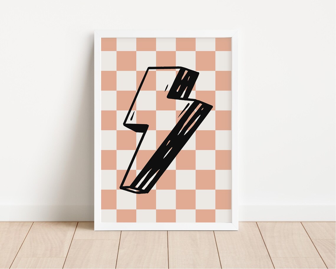 Lightning Bolt Peach Checkerboard Retro Skater Kids Art Poster