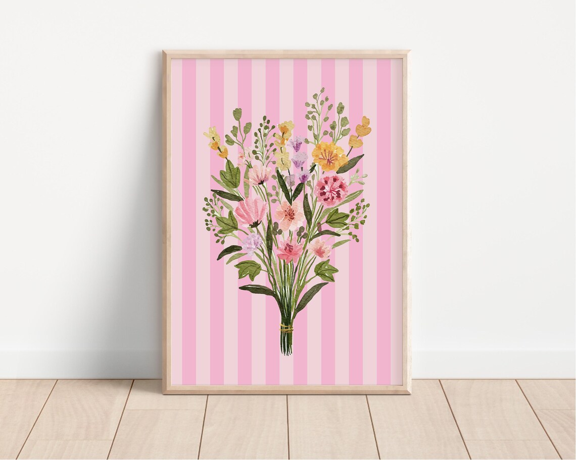 Wildflower Bouquet Watercolor Pink Stripes Nursery Art Poster - Image 3