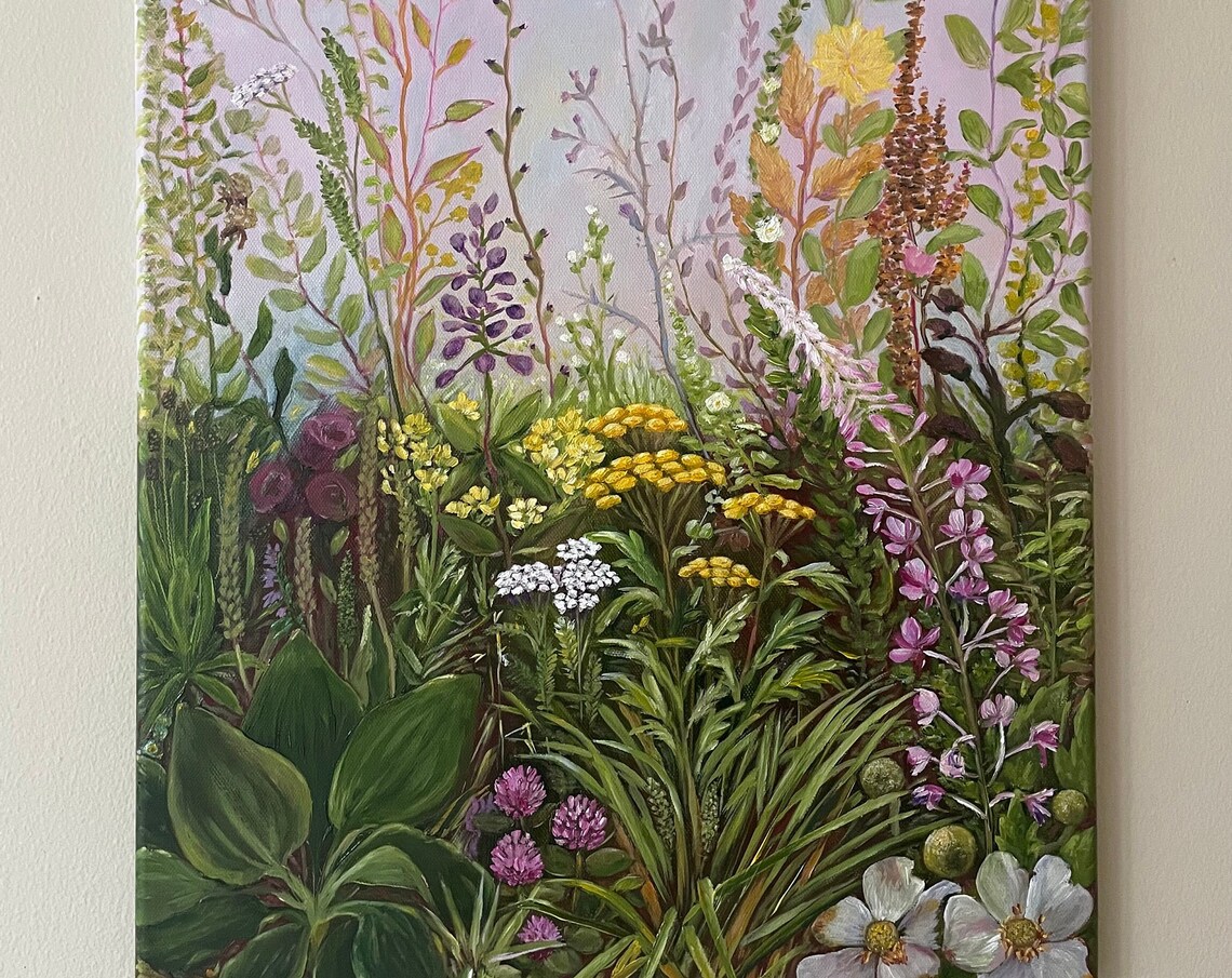 Wildflower Meadow Pink Purple Blooms Lush Botanical Oil Painting Art
