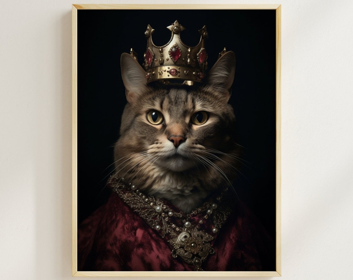 Aristocratic Tabby Cat Wearing Golden Crown Royal Portrait Poster