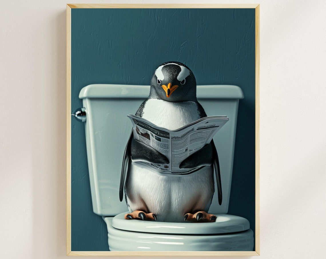 Penguin Reading a Newspaper While Sitting on the Toilet Funny Poster