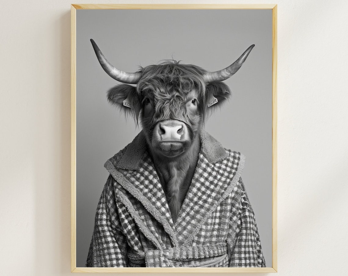 Highland Cow in Checkered Bathrobe Black and White Bathroom Poster