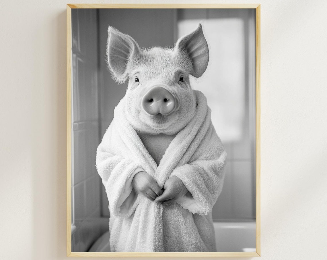 Cheerful Pig in a Bathrobe in Black and White Bathroom Poster