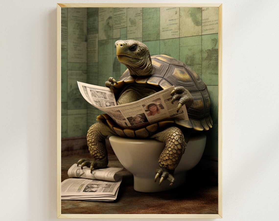 Tortoise Reading Newspaper On The Toilet Funny Bathroom Humor Poster