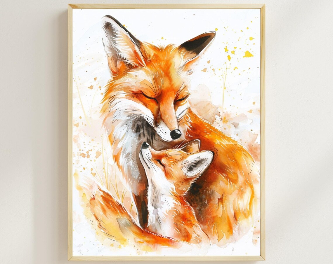 Mama Fox And Baby Watercolor Nursery Kids Room Decor Wall Poster