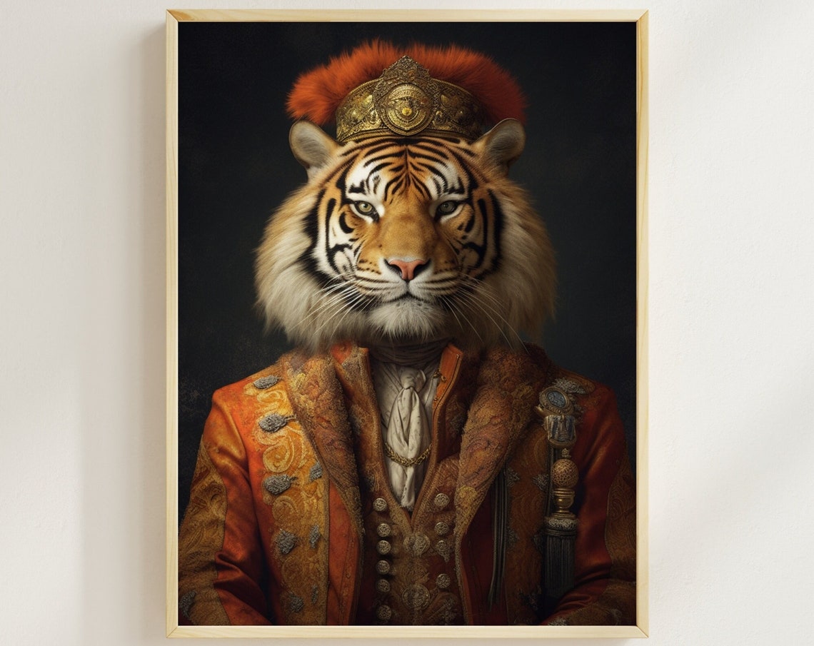 Aristocratic Tiger Wearing Golden Crown Baroque Royal Portrait Poster