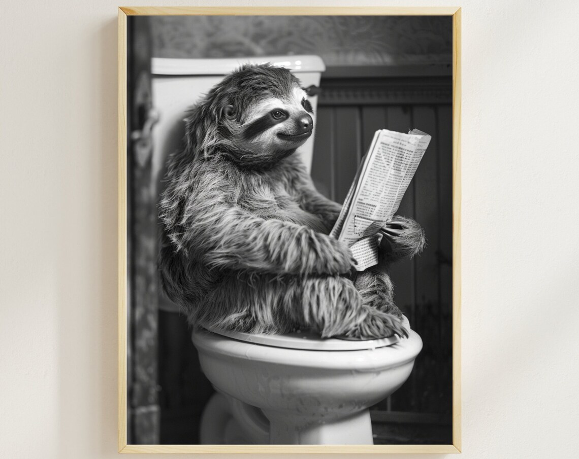 Sloth Reading Newspaper on Toilet Black and White Funny Animal Poster