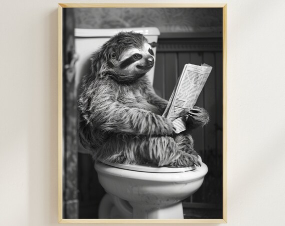 Sloth Reading Newspaper on Toilet Black and White Funny Animal Poster
