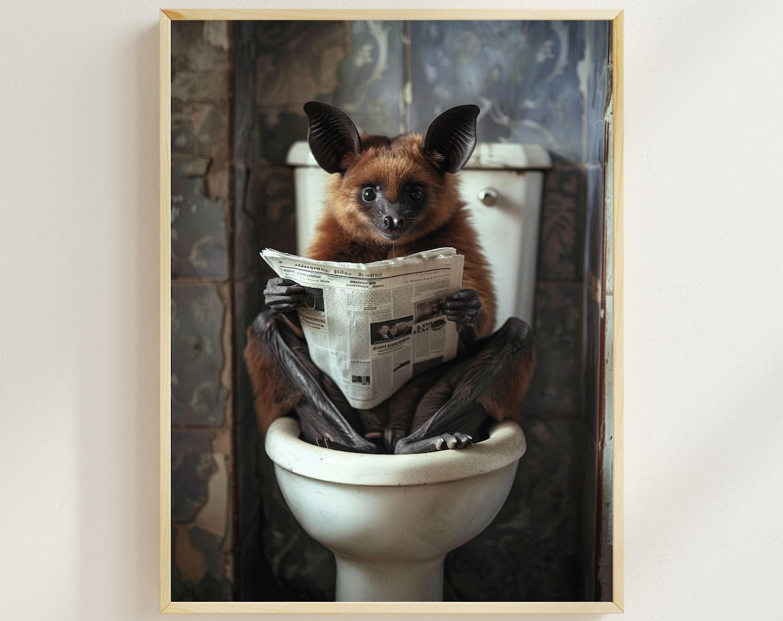 Fruit Bat Reading Newspaper on Toilet Funny Vintage Bathroom Poster
