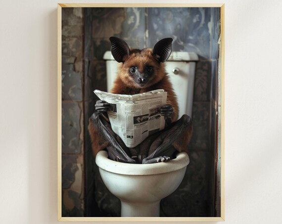 Bat Sitting On The Toilet Reading A Newspaper Funny Bathroom Wall Decor Funny Animal Print Home Printables Poster Humor Ai Art