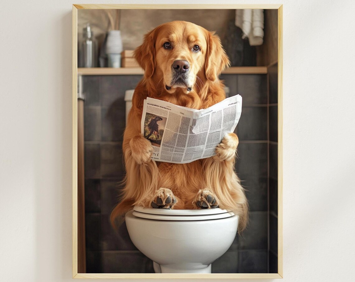 Golden Retriever on the Toilet Reading a Newspaper Dog Poster