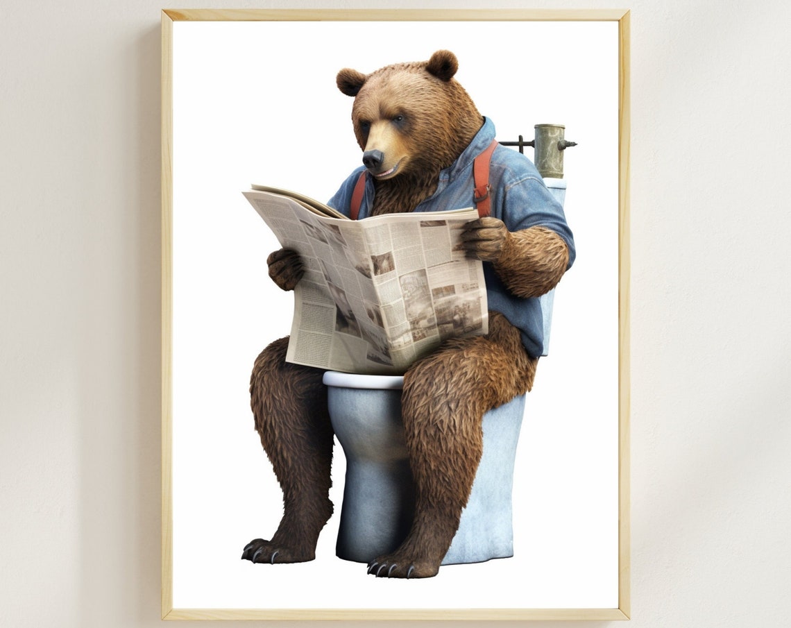 Funny Bear on Toilet Reading Newspaper Quirky Bathroom Poster