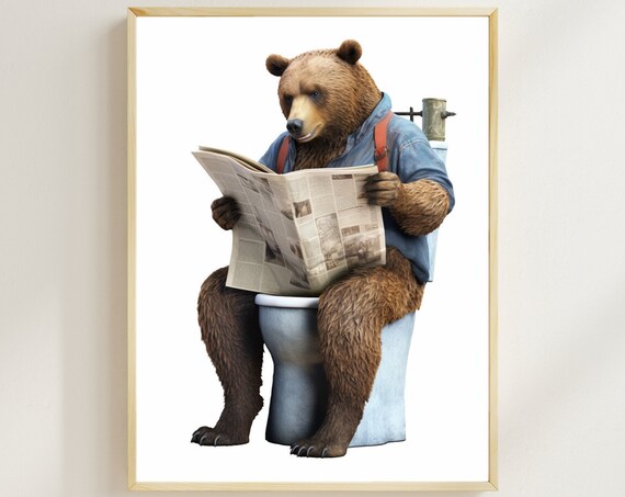 Funny Bear on Toilet Reading Newspaper Quirky Bathroom Poster