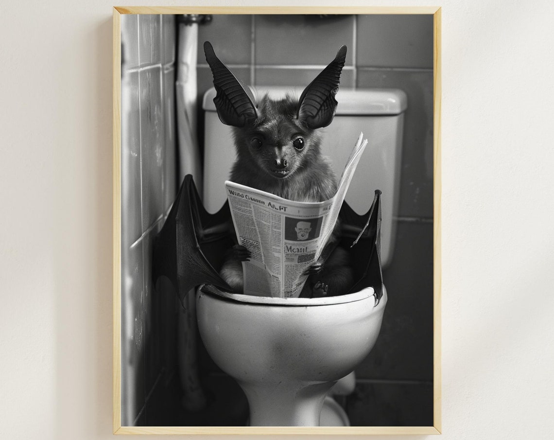 Funny Bat Sitting on Toilet Reading Newspaper Bathroom Poster