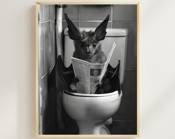 Bat Sitting On The Toilet Reading A Newspaper Funny Bathroom Wall Decor Animal Humor Prints Funny Animal Print Bathroom Humor Ai Art