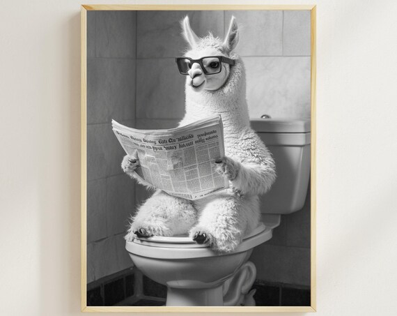 Alpaca Wearing Glasses Reading a Newspaper on the Toilet Poster