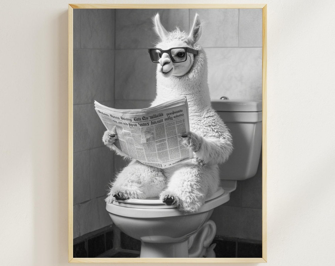 Alpaca Wearing Glasses Reading a Newspaper on the Toilet Poster