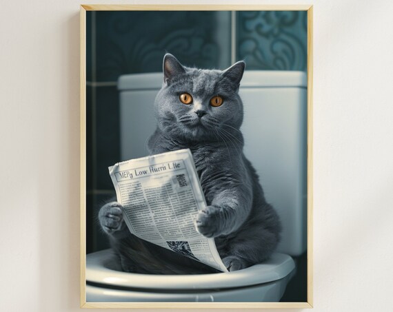 British Shorthair Cat Reading a Newspaper on the Toilet Color Poster