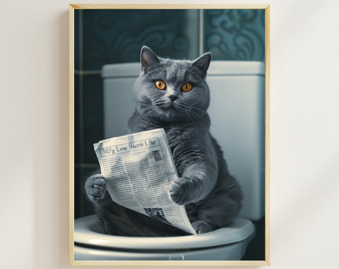 British Shorthair Cat Reading a Newspaper on the Toilet Color Poster