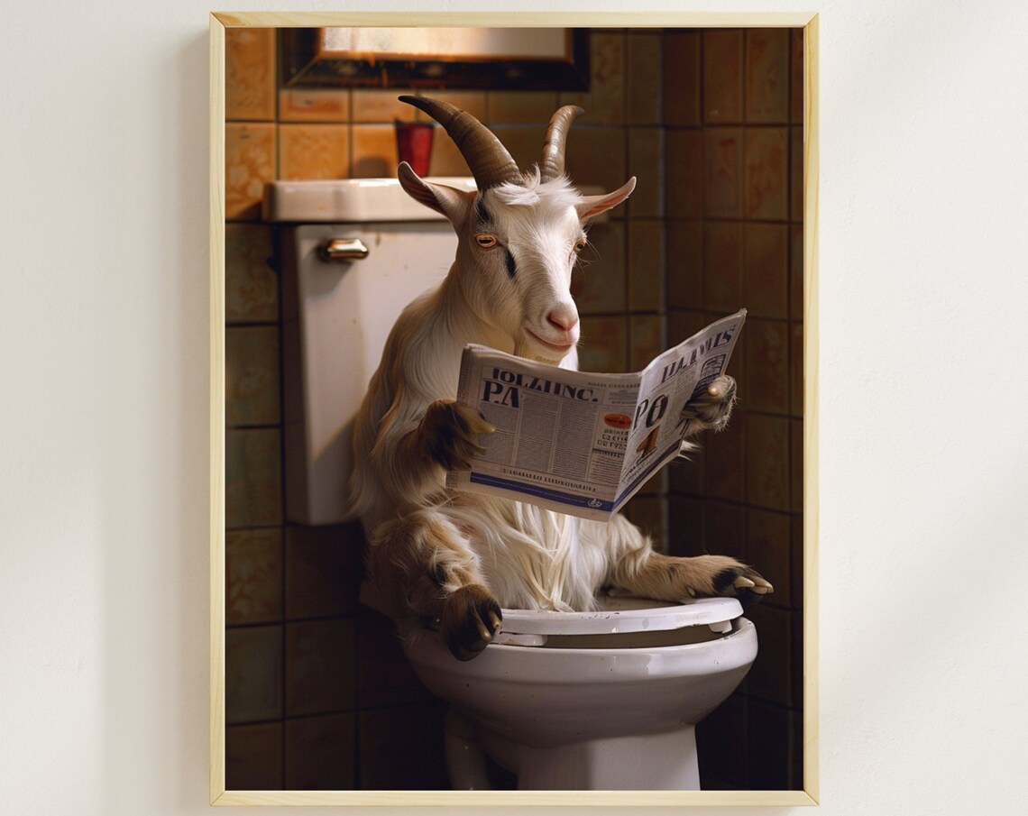 Funny Goat on Toilet Reading Newspaper Quirky Bathroom Poster