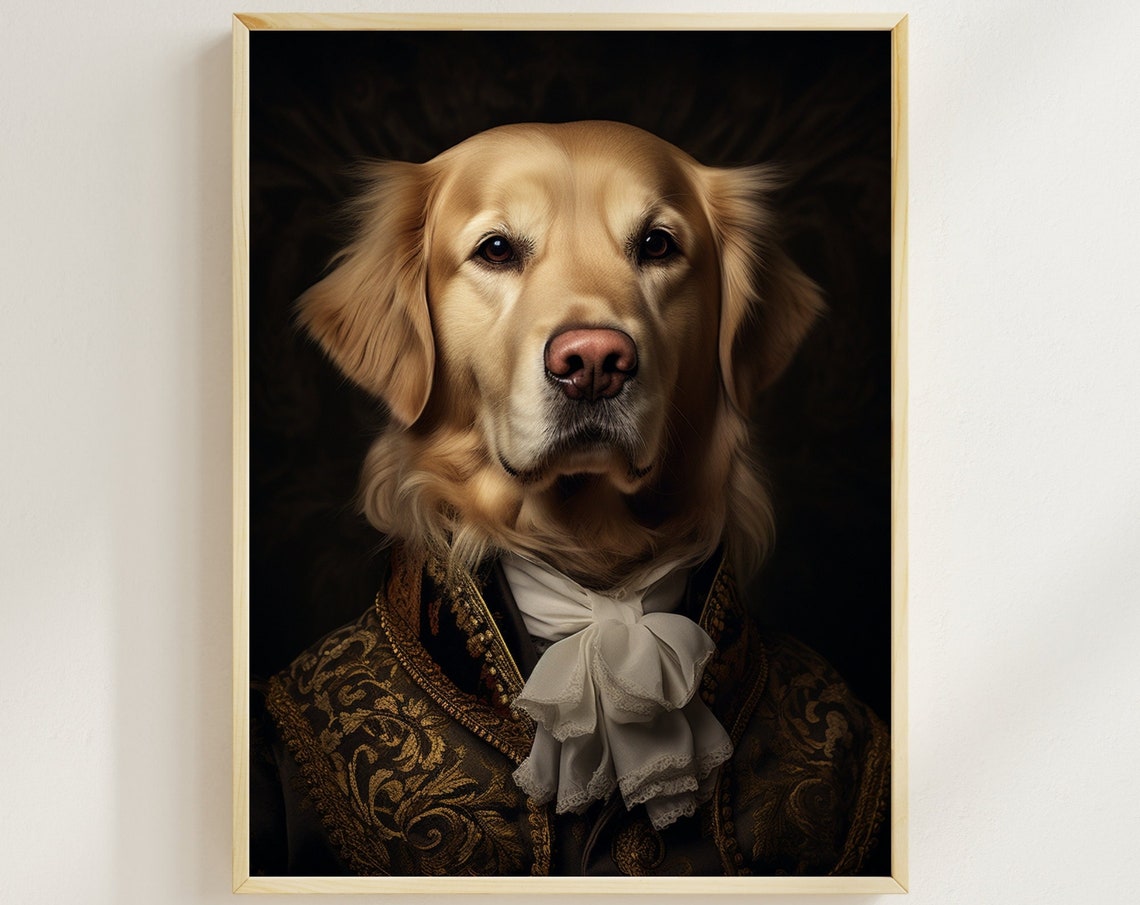 Aristocratic Golden Retriever Funny Dog Wall Art Renaissance Painting Dog Portrait Print Quirky Animal Art Home Printables Ai Art