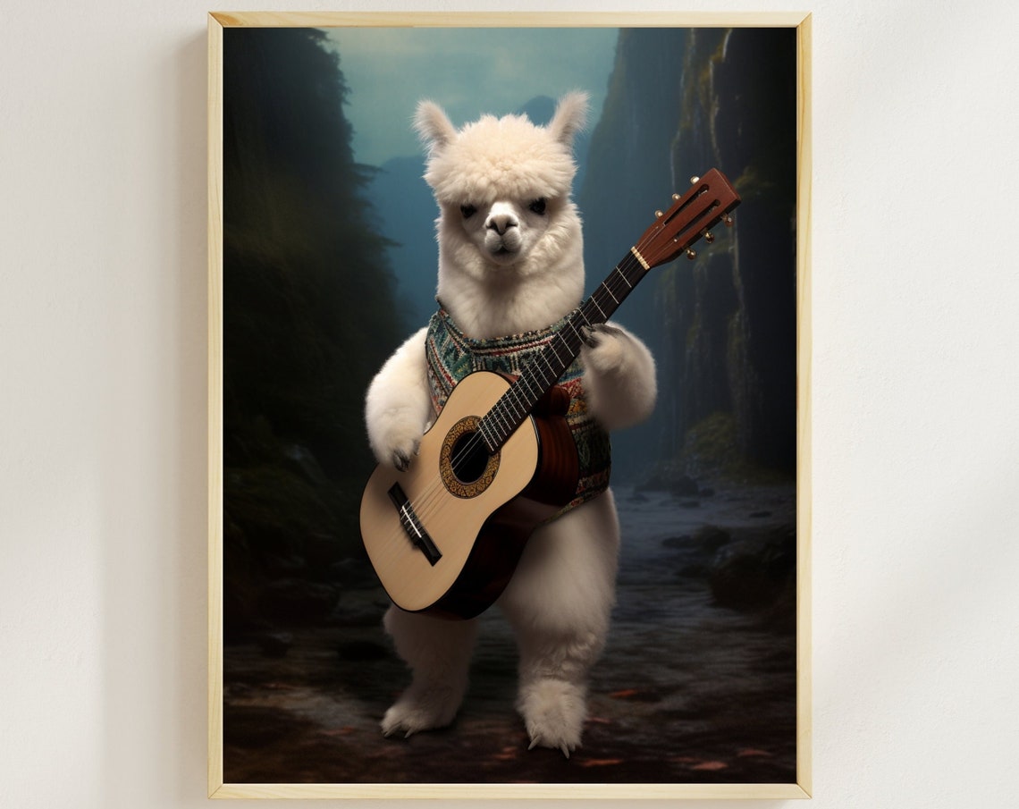 White Alpaca Playing Guitar in a Mountain Canyon Funny Poster
